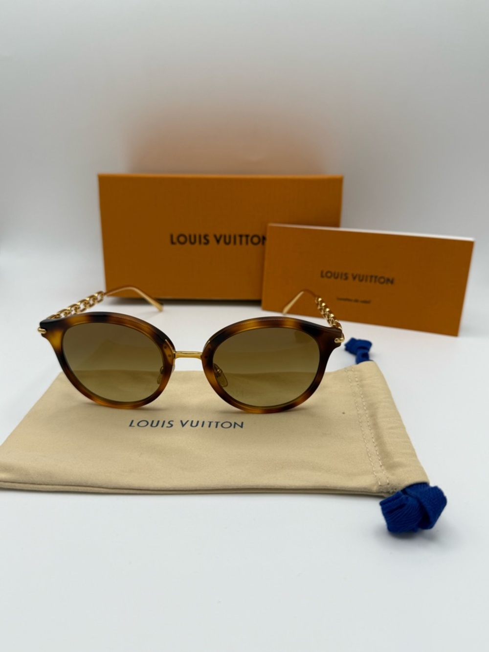 Louis Vuitton Tortoiseshell Frame Sunglasses with Gold Chain Arms